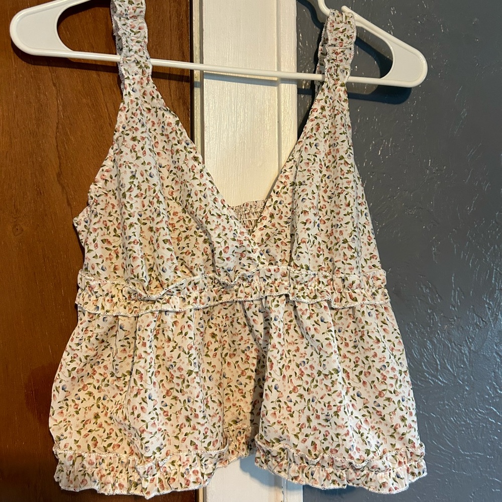 SHEIN Shirred Back Frill Trim Ditsy Floral Top